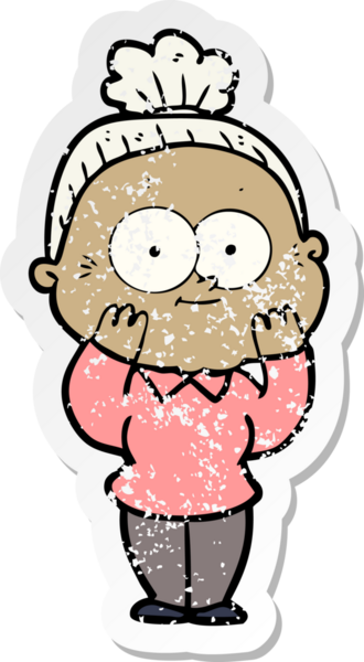 Bir insan tarafından çizilmiş mutlu, yaşlı bir kadının sıkıntılı çıkartması.