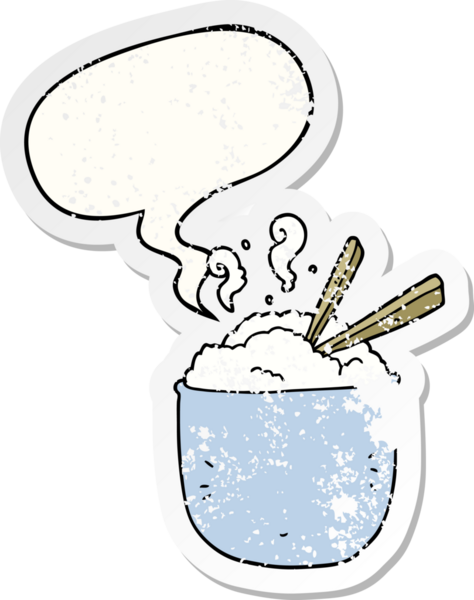 Bir insan tarafından çizilmiş, sıkıntılı, eski bir çıkartma, konuşma balonlu pirinç kasesi.