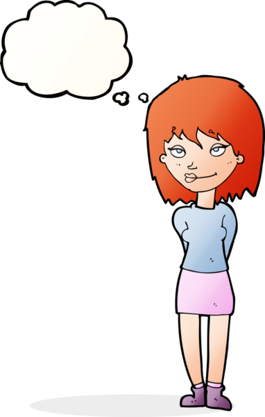 Bir insan tarafından çizilmiş düşünce balonlu mutlu kadın çizgi filmi.