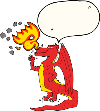 Serbest konuşma balonu çizgi filmi mutlu ejderha nefes ateşi bir insan tarafından çizildi