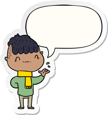 Bir insan tarafından çizilmiş konuşma balonu çıkartmalı çizgi film dostu çocuk.