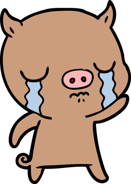 Çizgi film domuzu ağlıyor ve bir insan tarafından çizilmiş el sallıyor.