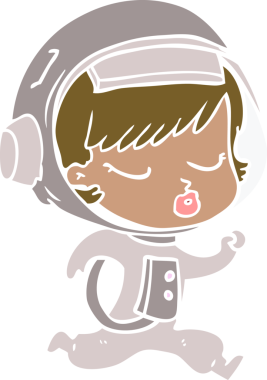 Düz renkli çizgi film. Bir insan tarafından çizilen güzel astronot kız.