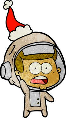 Şaşırmış bir astronotun insan tarafından çizilmiş Noel Baba şapkası giydiği el çizimi bir çizgi film.