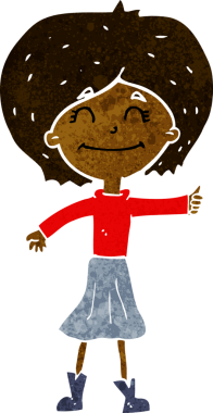 Çizgi filmdeki mutlu kız bir insan tarafından çizilmiş baş parmak işareti veriyor.