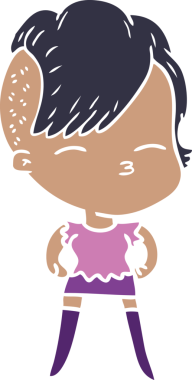 Düz renkli çizgi film çizen kız bir insan tarafından çizilmiş.