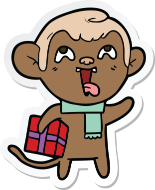 Bir insan tarafından çizilmiş Noel hediyeli çılgın bir çizgi film maymunu çıkartması.