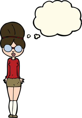 Bir insan tarafından çizilmiş düşünce balonu olan bir kütüphaneci kadın.