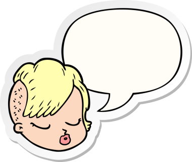 Bir insan tarafından çizilmiş konuşma balonu çıkartmalı bir kadın yüzü.