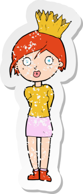 Bir insan tarafından çizilmiş taç giyen bir çizgi film karakterinin sıkıntılı retro çıkartması.