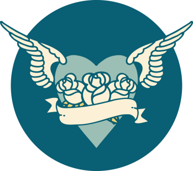 Kanatlı, çiçek ve bir insan tarafından çizilmiş bir kalbin ikonik dövme görüntüsü.