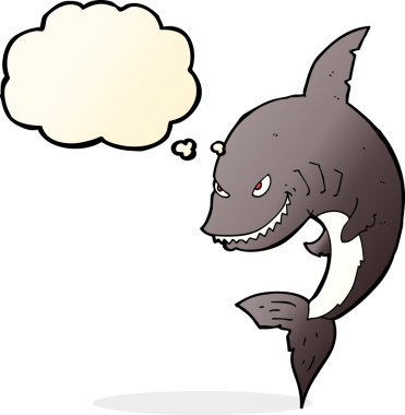 Bir insan tarafından çizilmiş düşünce baloncuklu komik köpek balığı.