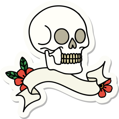 Bir insan tarafından çizilmiş kafatasının pankartıyla dövme stili etiketi