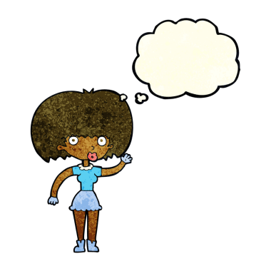 Bir insan tarafından çizilmiş düşünce baloncuğuyla el sallayan çizgi film kadını.