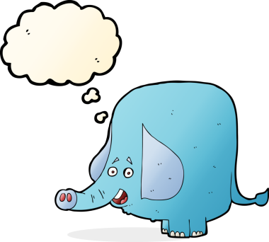 Bir insan tarafından çizilmiş düşünce baloncuklu komik bir fil.