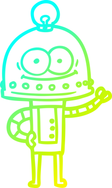 Bir insan tarafından çizilmiş ampullü mutlu bir robot çizimi.