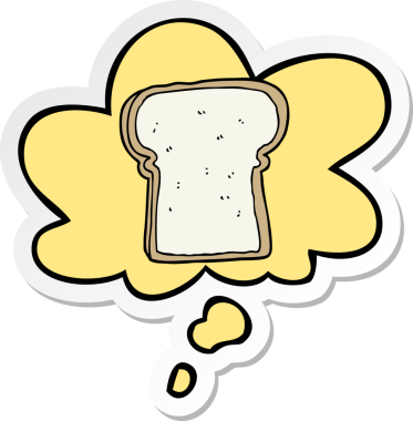 Düşünce baloncuklu bir ekmek dilimi insan tarafından çizilmiş bir çıkartma gibi.