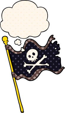 Çizgi roman tarzında bir insan tarafından çizilmiş düşünce baloncuklu korsan bayrağı.