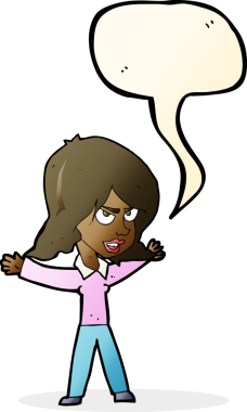 Bir insan tarafından çizilmiş konuşma balonuyla hareket eden karikatür kadın.