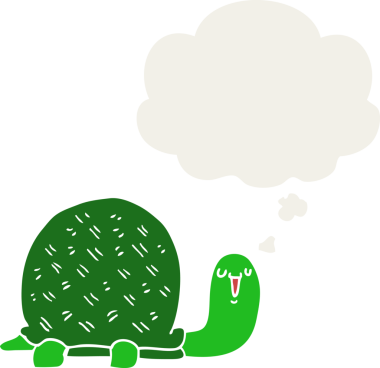 Düşünce baloncuğu olan sevimli çizgi film kaplumbağası insan tarafından çizilmiş.