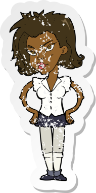 Bir insan tarafından çizilmiş kalçasında elleri olan bir karikatür kadının gerilmiş çıkartması.