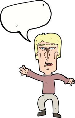 Bir insan tarafından çizilmiş konuşma baloncuğuyla uyarı sallayan kızgın bir adam.