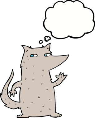 Bir insan tarafından çizilmiş düşünce baloncuğuyla el sallayan bir kurt.