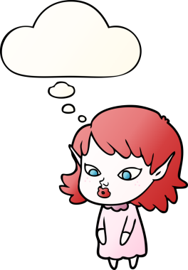 Çizgi film karakteri, sivri kulaklı, düşünce baloncuklu bir insan tarafından çizilmiş.