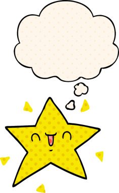 Çizgi roman tarzında düşünce baloncuğu olan mutlu çizgi film yıldızı.