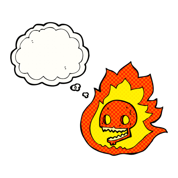 Bir insan tarafından çizilmiş serbest çizim balon karikatür yanan kafatası