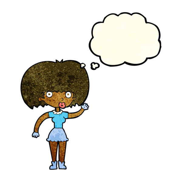 Bir insan tarafından çizilmiş düşünce baloncuğuyla el sallayan çizgi film kadını.