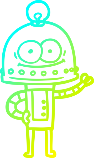 Bir insan tarafından çizilmiş ampullü mutlu bir robot çizimi.