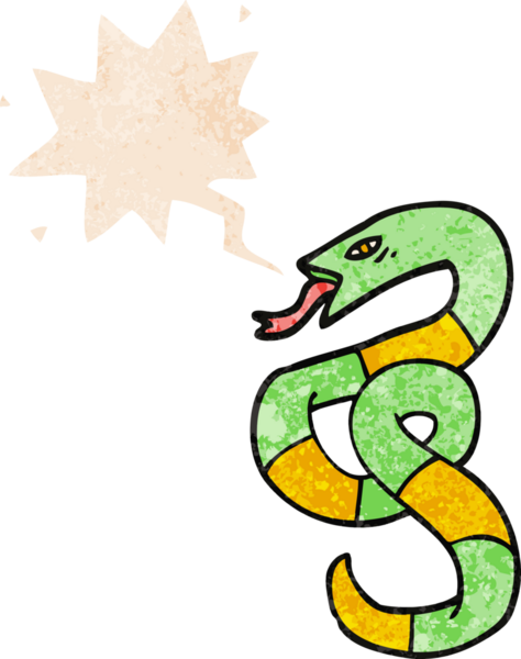 Bir insan tarafından çizilmiş grunge dertli retro tarzı konuşma baloncuğu ile çizgi film yılanı