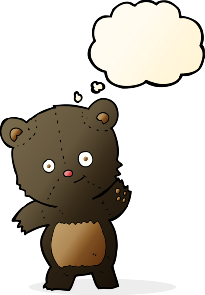 Bir insan tarafından çizilmiş düşünce baloncuklu sevimli siyah ayı çizgi filmi.