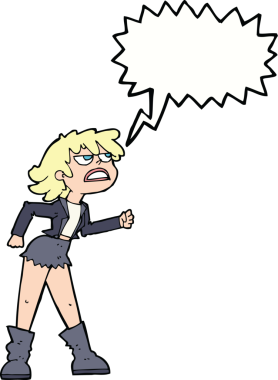 Bir insan tarafından çizilmiş konuşma balonlu kızgın motorcu kız.