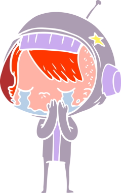 Düz renkli çizgi film ağlayan astronot kız bir insan tarafından çizilmiş.