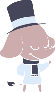 Düz renkli çizgi film gülümseyen fil insan tarafından çizilmiş silindir şapkalı.