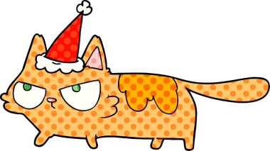 Bir insan tarafından çizilmiş Noel Baba şapkası giyen kızgın bir kedinin el çizimi çizgi roman çizimi.