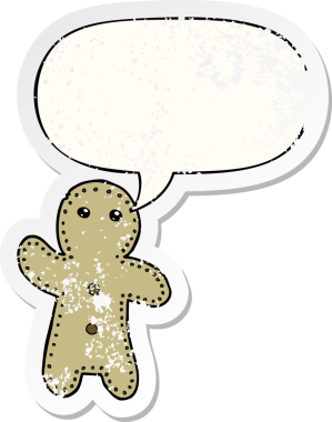 Karikatürdeki zencefilli kurabiye adam, bir insan tarafından çizilmiş, sıkıntılı, eski bir çıkartma.