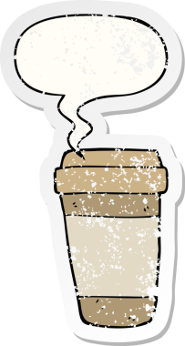 Konuşma balonlu çizgi film kahve fincanı bir insan tarafından çizilmiş sıkıntılı eski bir çıkartma