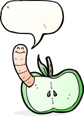 bir insan tarafından çizilmiş konuşma baloncuklu kurtlu çizgi film elması