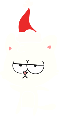 Bir insan tarafından çizilmiş Noel Baba şapkası takan bir kedinin düz renk çizimi.