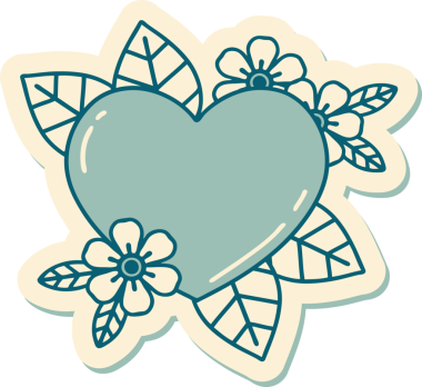 Bir insan tarafından çizilmiş botanik kalbin geleneksel stiliyle dövme çıkartması.