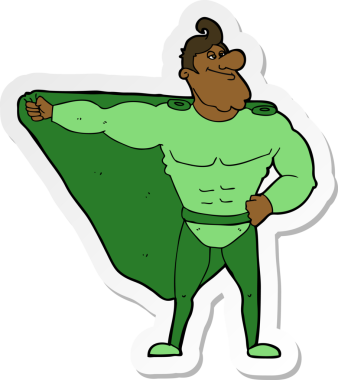 Bir insan tarafından çizilmiş komik bir süper kahramanın çıkartması.