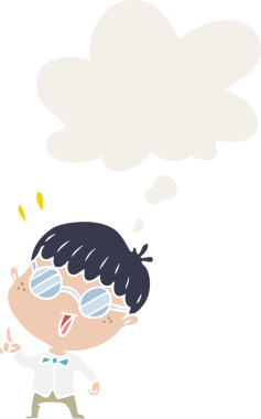 Düşünce baloncuğu olan zeki çocuk bir insan tarafından çizilmiş.