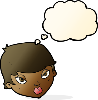 Bir insan tarafından çizilmiş düşünce baloncuğu olan etkilenmemiş bir kadın çizgi filmi.