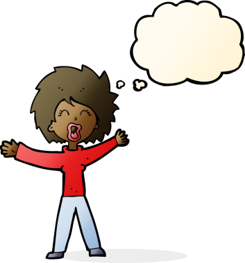 Bir insan tarafından çizilmiş düşünce balonuyla bağıran çizgi film kadını.