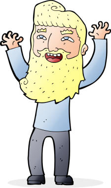 Çizgi film mutlu sakallı adam bir insan tarafından çekilen kolları sallıyor.