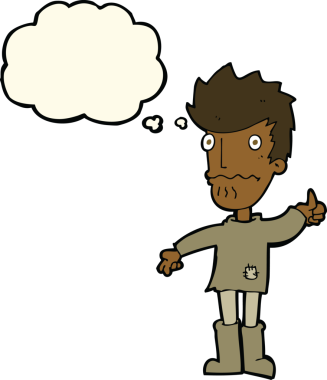 İnsan tarafından çizilmiş düşünce baloncuğu ile baş parmak işareti veren endişeli bir adam çizgi filmi.