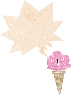 Yüzünde konuşma kabarcığı olan karikatür dondurması bir insan tarafından çizilmiş dertli retro tarzı.